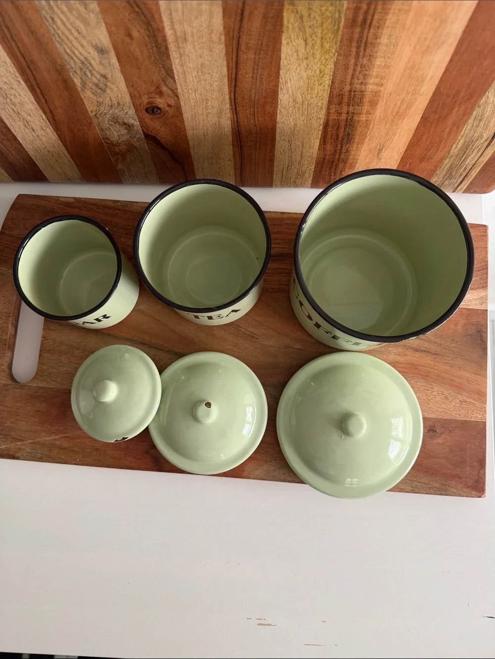 Vintage-Style Green Coffee Tea Sugar Enamel Canister Set